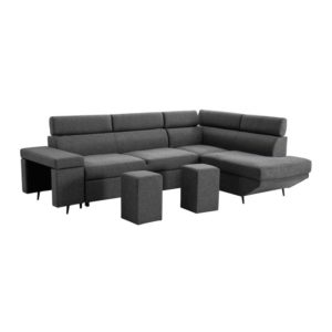 Canapé d’angle convertible + 2 poufs avec niche de rangement fixe en tissu