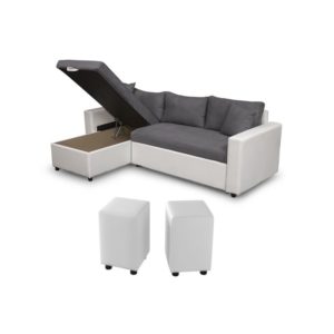 Canapé d’angle réversible, convertible avec coffre de rangement et 2 poufs en microfibre et simili