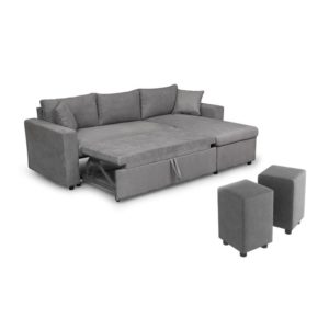 Canapé d’angle réversible, convertible en microfibre avec coffre de rangement + 2 poufs