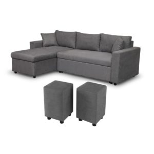 Canapé d’angle réversible, convertible en microfibre avec coffre de rangement + 2 poufs