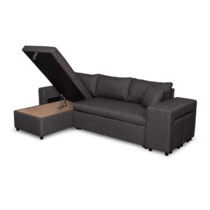 Canapé d’angle réversible convertible avec coffre et 2 poufs en tissu