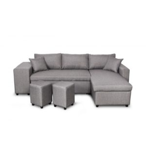 Canapé d’angle réversible convertible avec coffre et 2 poufs en tissu