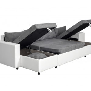 Canapé panoramique convertible avec 2 coffres et 2 poufs en simili et microfibre