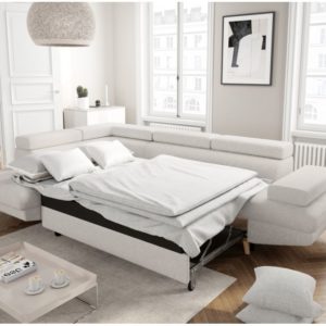 MATEO L – Canapé d’angle convertible avec coffre pieds bois en tissu bouclette