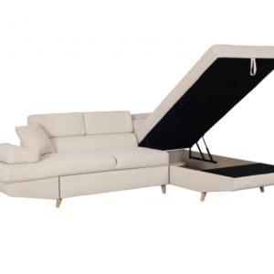 MATEO L – Canapé d’angle convertible avec coffre pieds bois en tissu